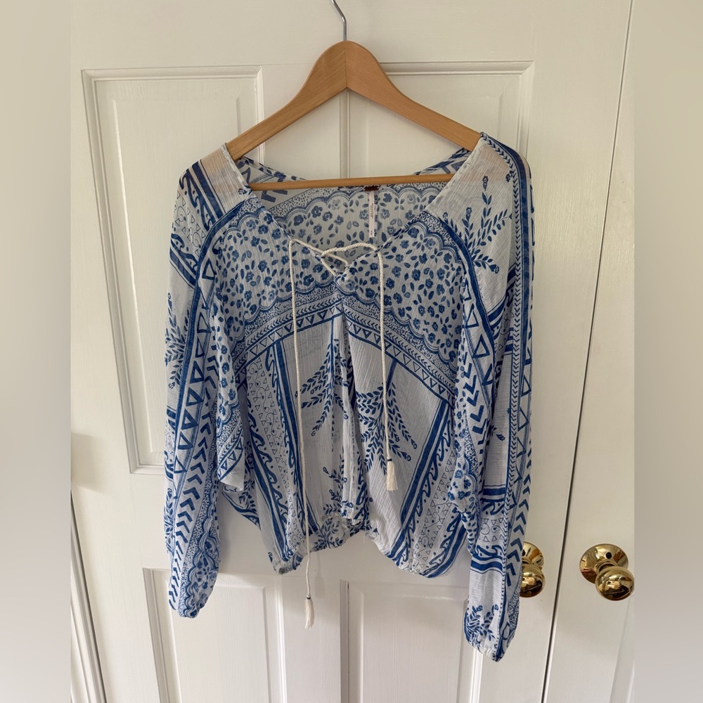 Free People White and Blue Printed Tie-Front Peasant Tunic